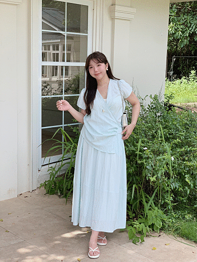 簡約綁帶V領短袖襯衫套裝 2色