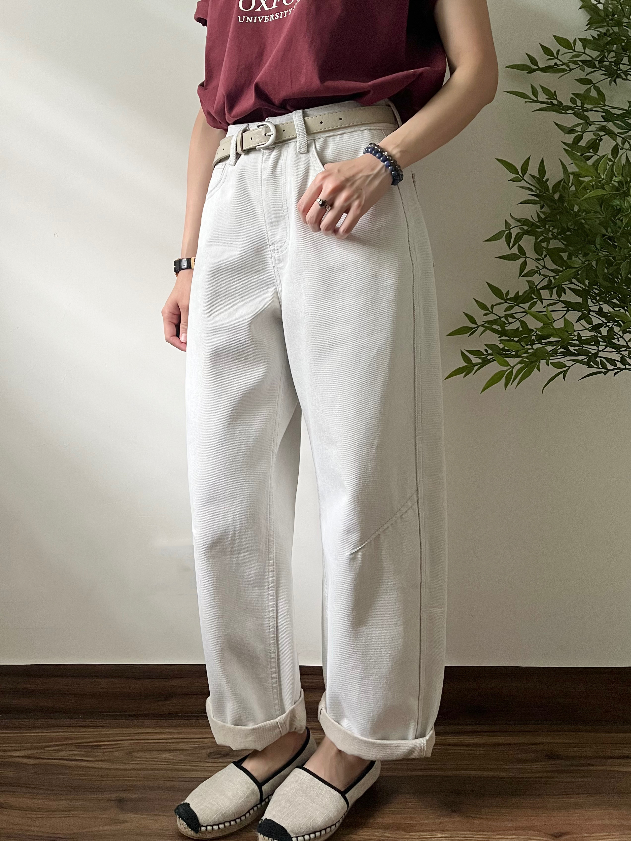 🌿象牙白色 褶腳 牛仔褲