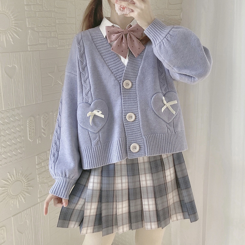 Sweet JK Style Cropped Knit Cardigan with 3D Bows