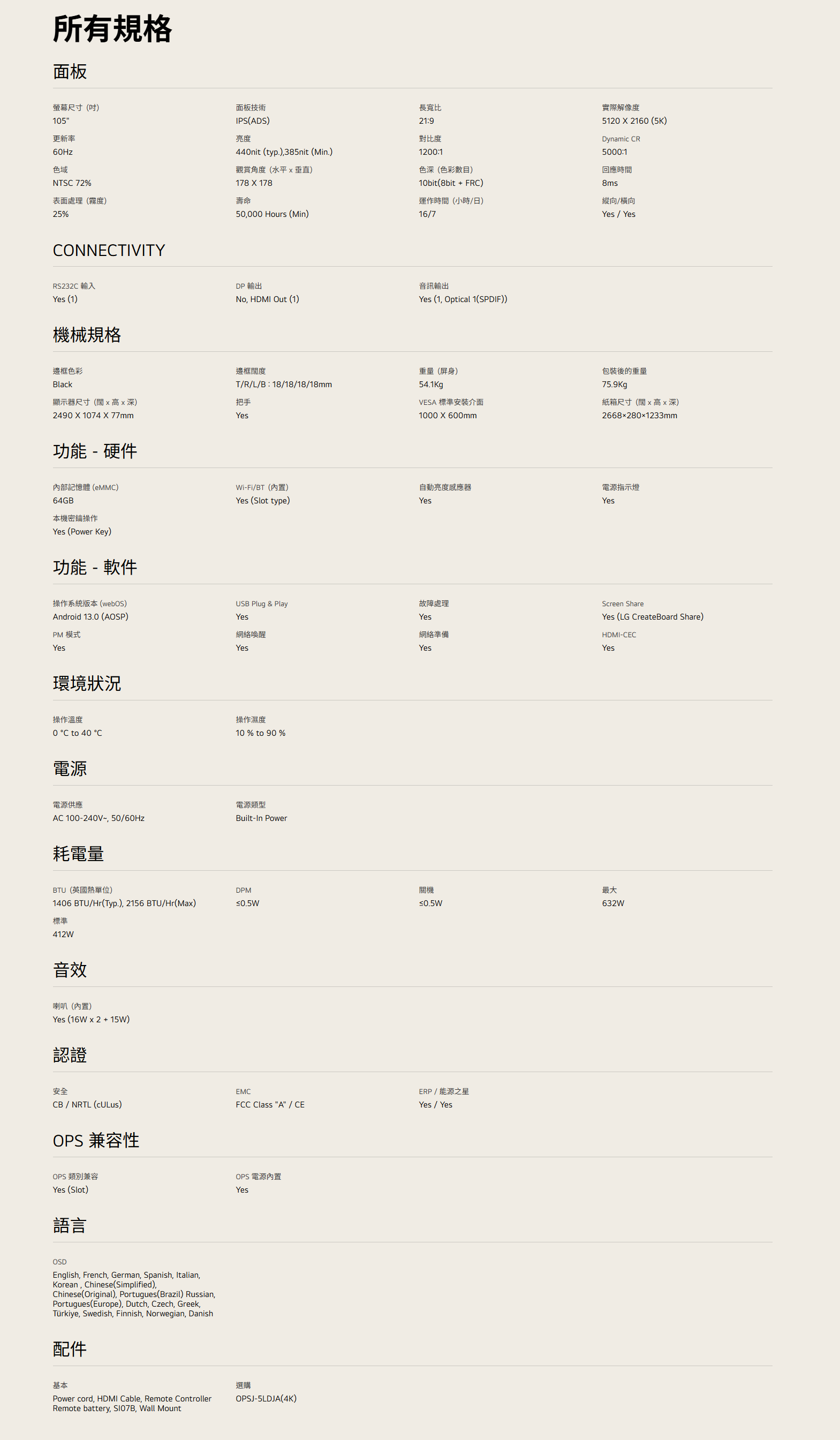 LG 105BM5P-B 規格