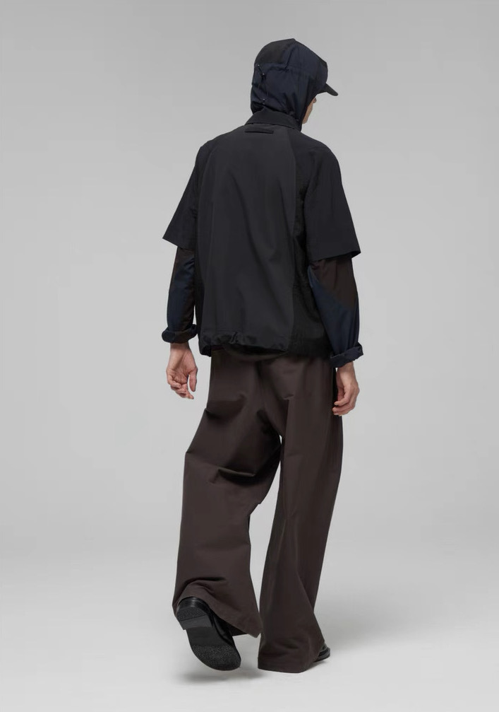 DECESOLO 多色拼接尼龍polo短袖襯衫-黑/咖/灰