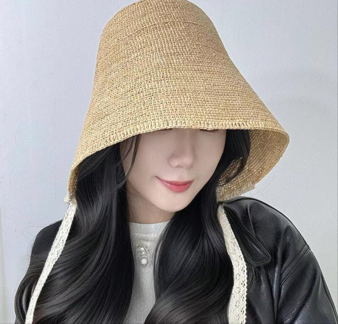 TH4434 蕾絲帶天然色草編兜帽