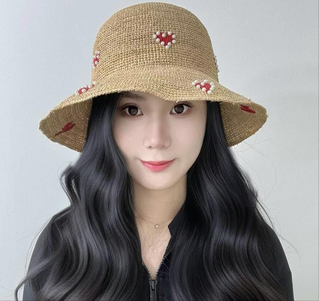 TH4435 心心珍珠天然色草編帽