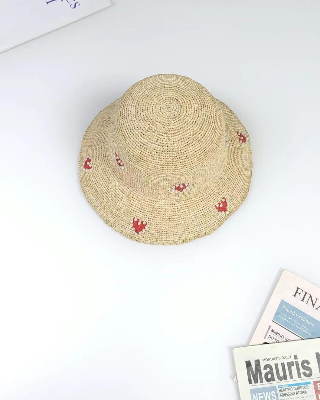 TH4435 心心珍珠天然色草編帽