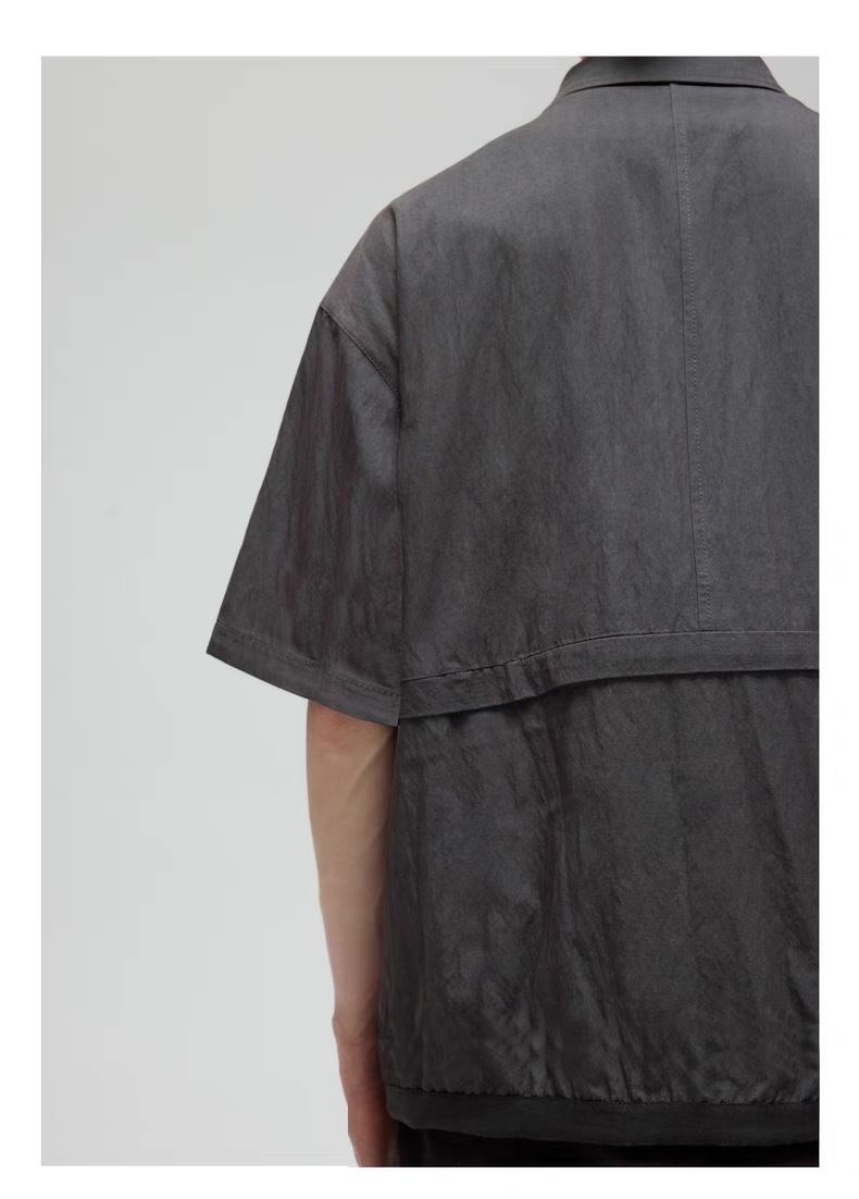 DECESOLO 日系寬鬆拉鍊翻領拼接短襯衫 - 黑/咖啡/灰