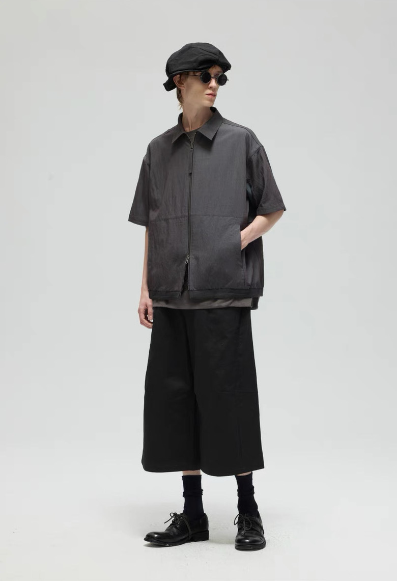 DECESOLO 日系寬鬆拉鍊翻領拼接短襯衫 - 黑/咖啡/灰