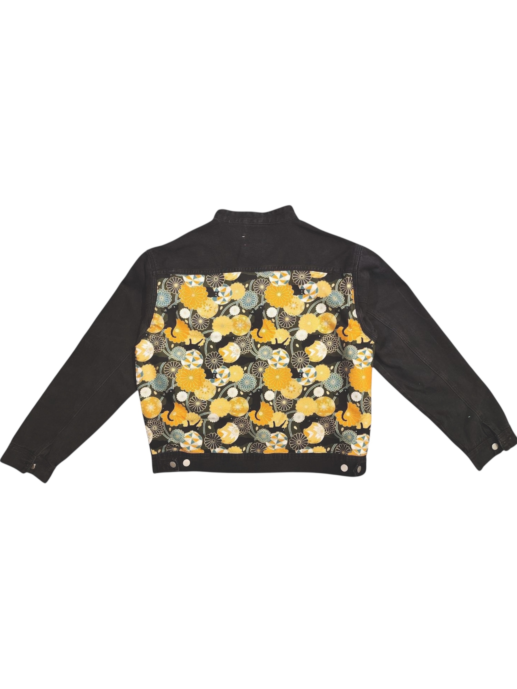 Annstudio / 騎士立領拉鍊夾克：黑 × 日本燙金花布（黑貓與繡球花 / 限量款）