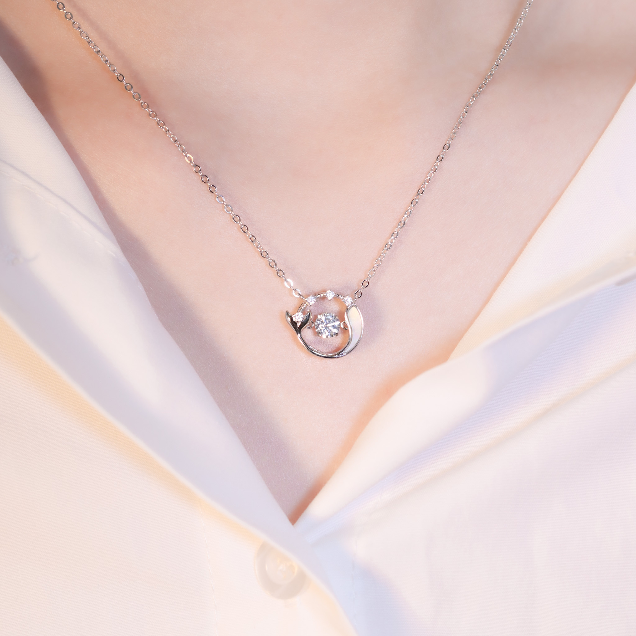 | 925純銀・厚鍍白金・ 厚鍍玫瑰金 | 懸浮一心心動項鍊 (銀/玫瑰金) | NE1414 |