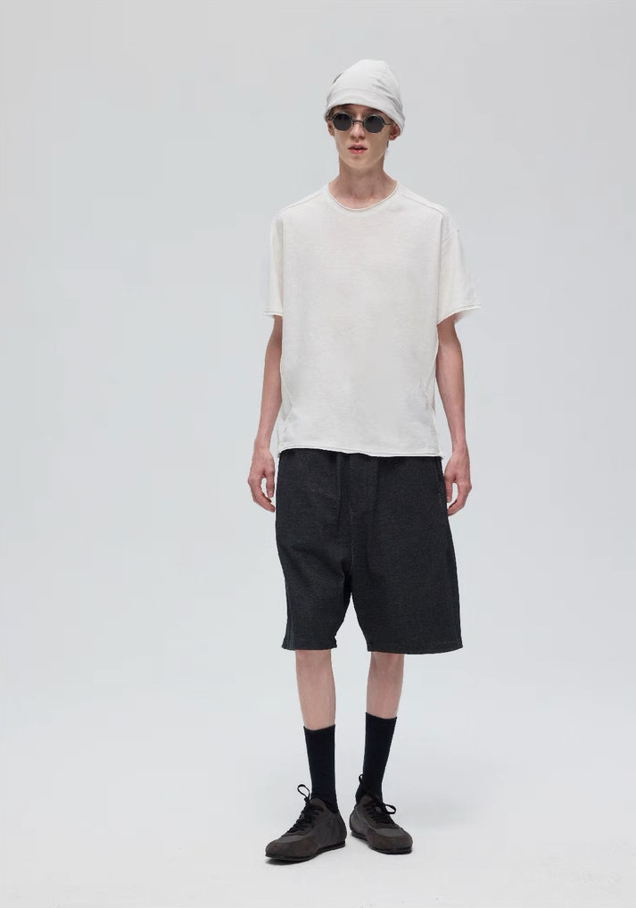 DECESOLO 混紡麻毛邊拼接透氣寬鬆圓領短T - 白/灰/黑