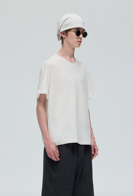 DECESOLO 混紡麻毛邊拼接透氣寬鬆圓領短T - 白/灰/黑