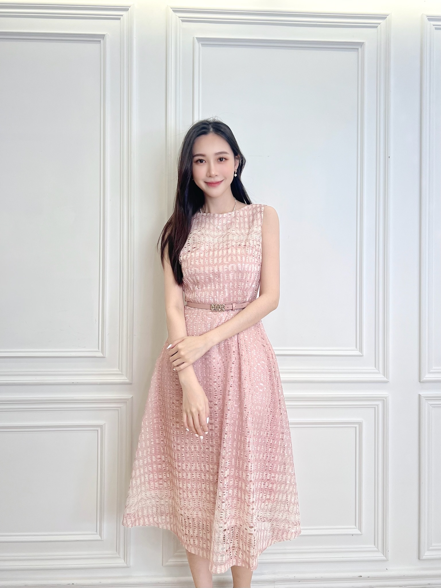 漸層鏤空蕾絲腰帶傘洋