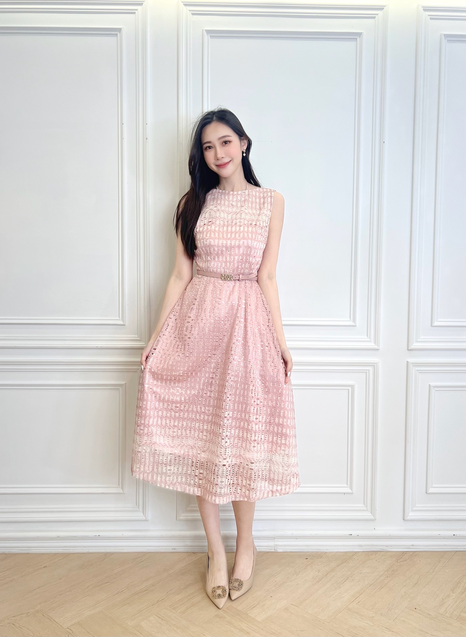 漸層鏤空蕾絲腰帶傘洋