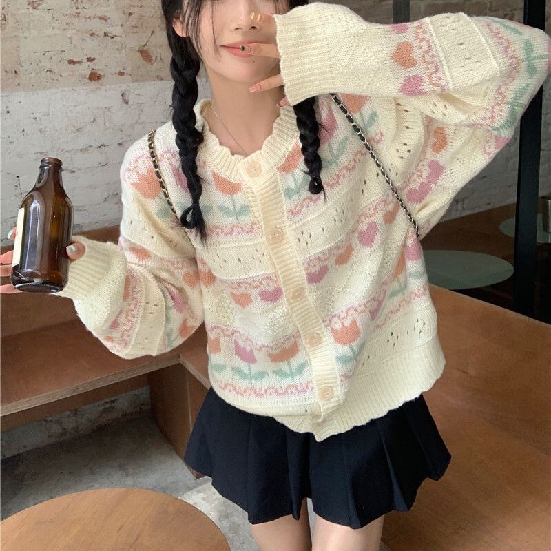Japanese Style Soft Knit Cardigan with Tulip Embroidery