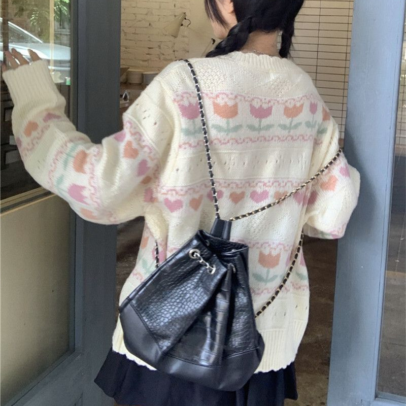 Japanese Style Soft Knit Cardigan with Tulip Embroidery