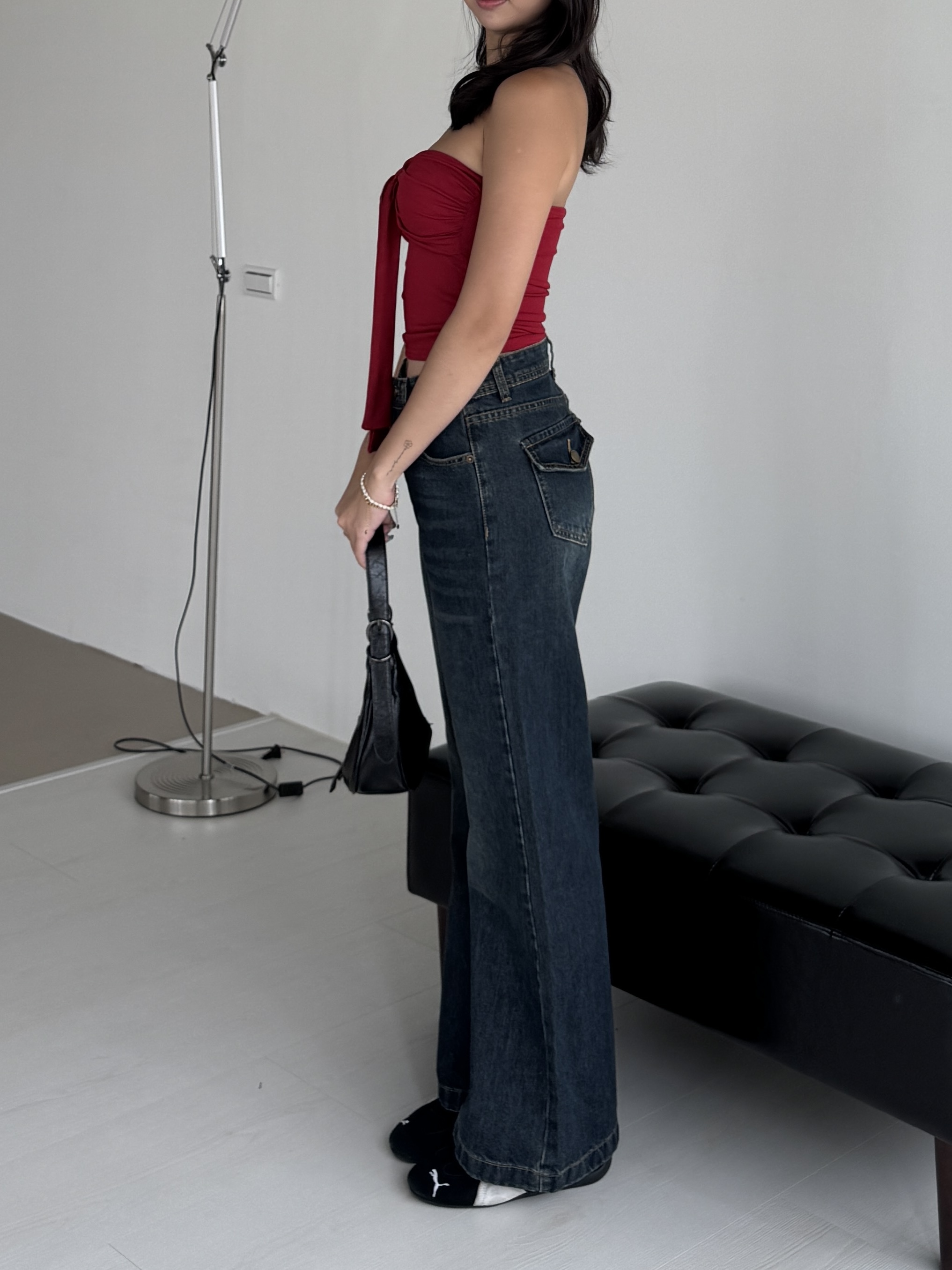 Retro Vibes🧳深藍色修身微喇叭牛仔褲