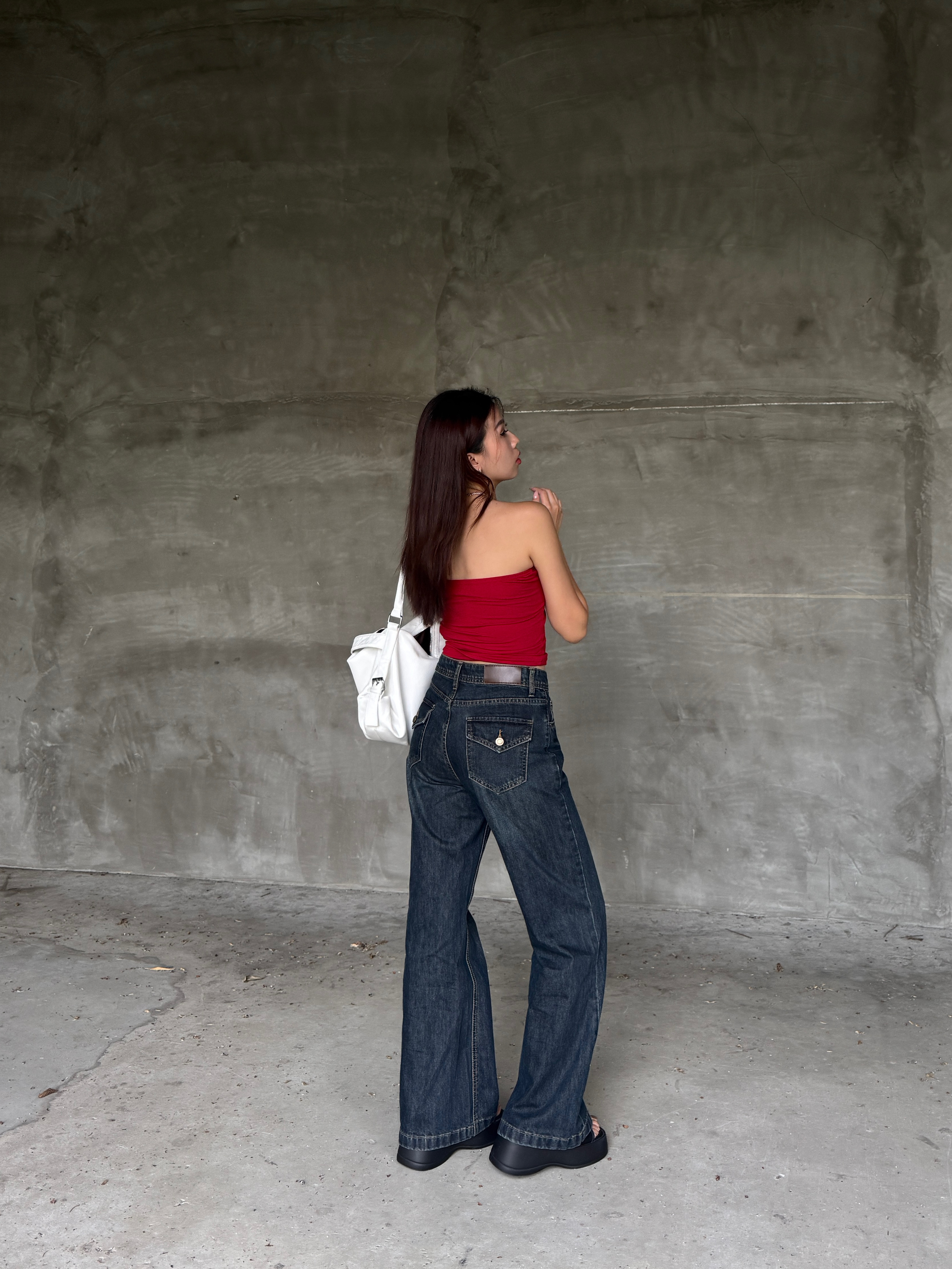 Retro Vibes🧳深藍色修身微喇叭牛仔褲