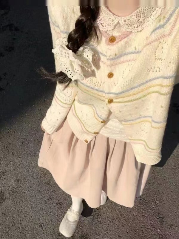 Korean Colorblock Striped Knit Cardigan with Hollow Details