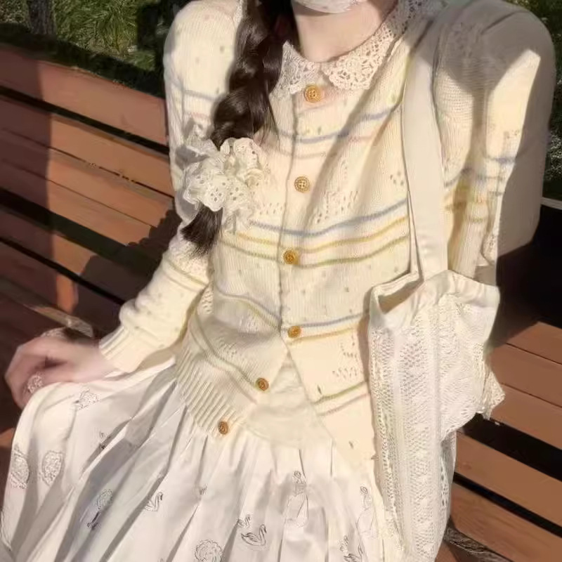 Korean Colorblock Striped Knit Cardigan with Hollow Details