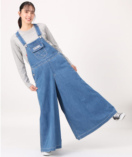 CHUMS Women’s Beaver All Over The Overall Gaucho Pants – Light Indigo | Denim Wide-Leg Overalls with Straps JUN25
