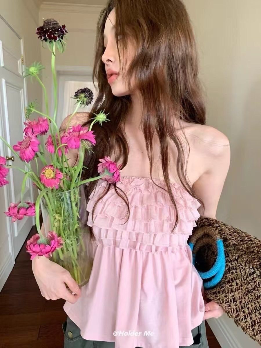 溫柔韓系荷葉花邊抹胸背心上衣