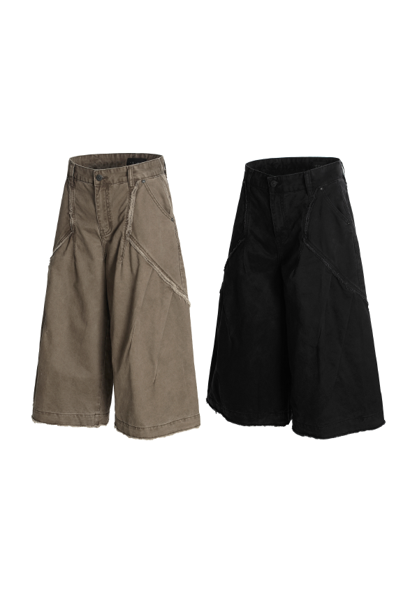 - SIMPLEACTION - 日系復古剪裁毛邊做舊牛仔七分褲