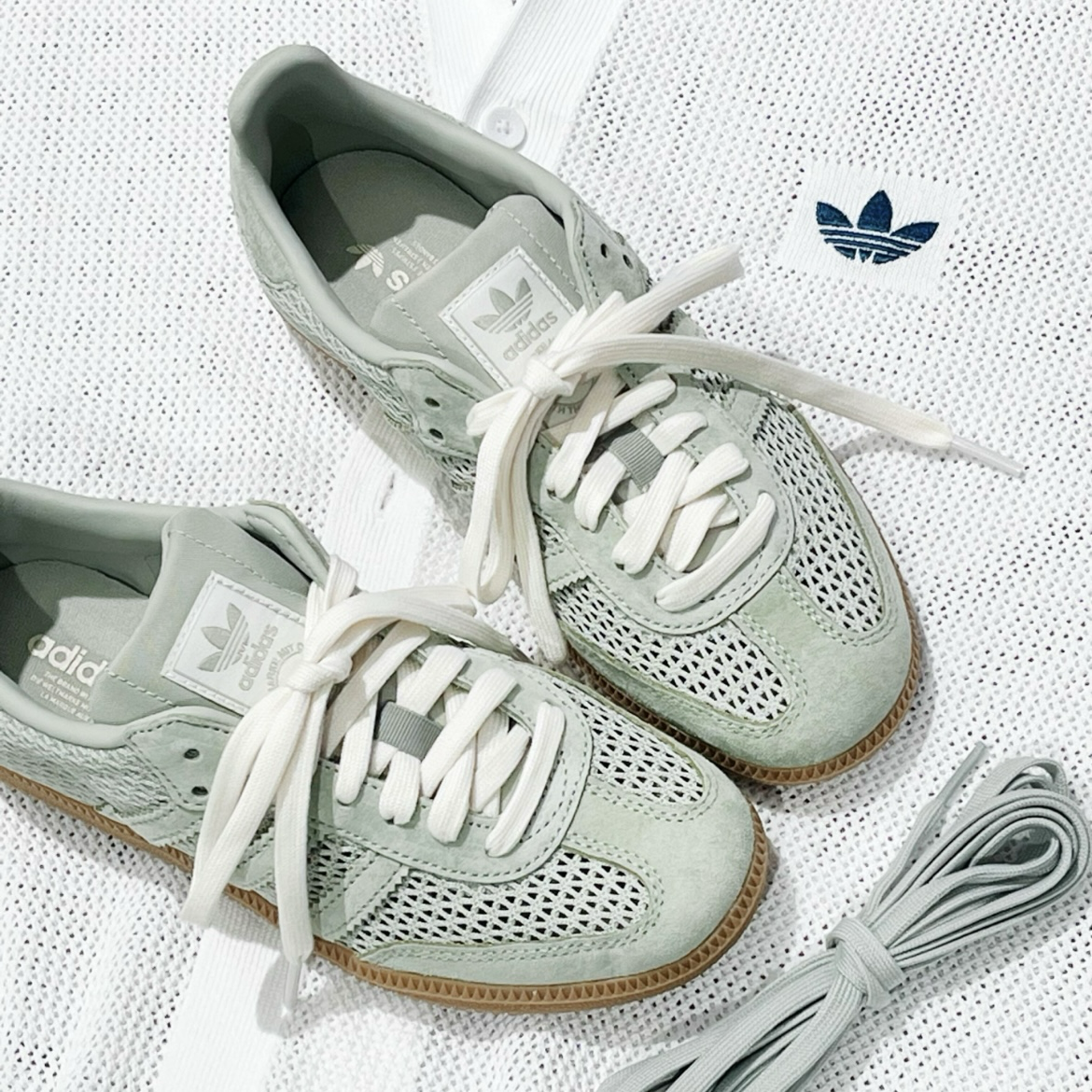Adidas Samba OG 淺綠 淺灰綠 編織 簍空 焦糖底 德訓鞋 低筒休閒鞋