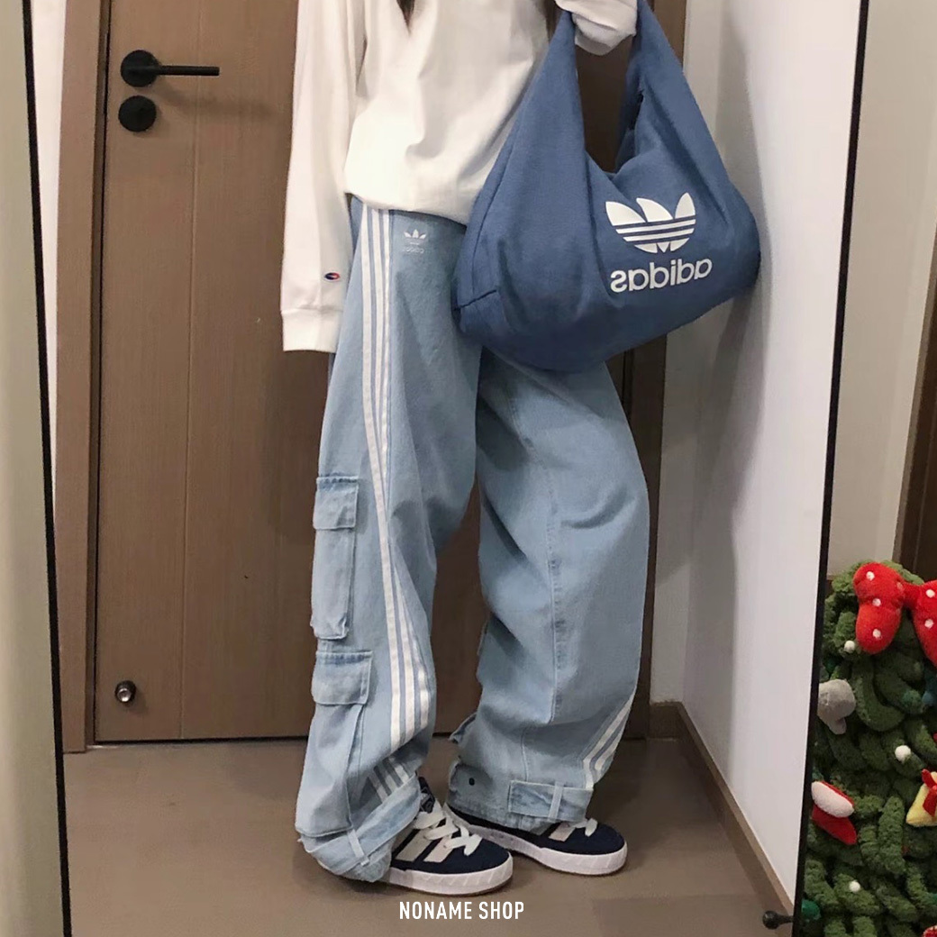ADIDAS Adillenium Denim 拉鍊 中腰 寬鬆 闊腿 單寧 長褲 (女款)