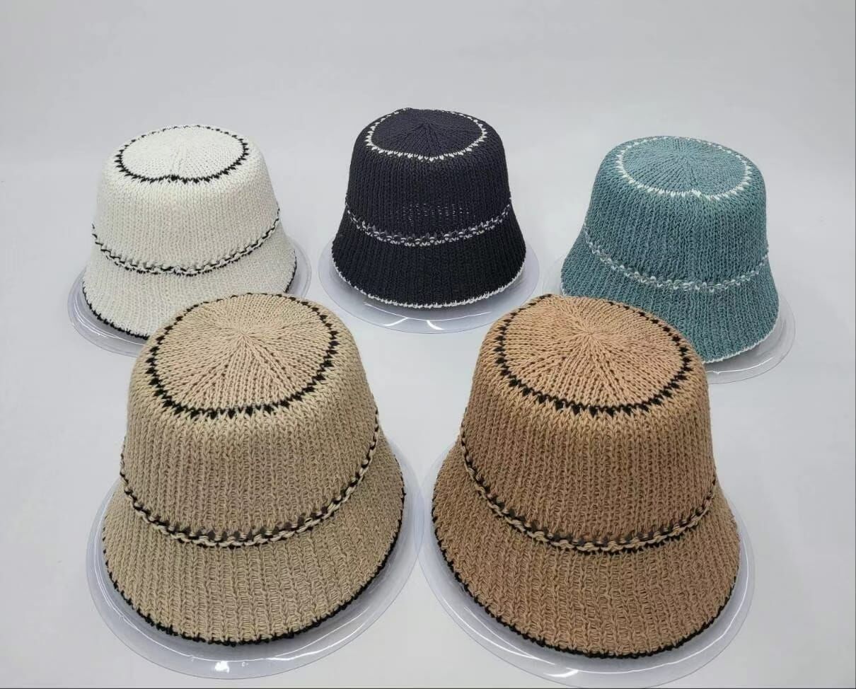 TH4443 草編撞色邊筒帽