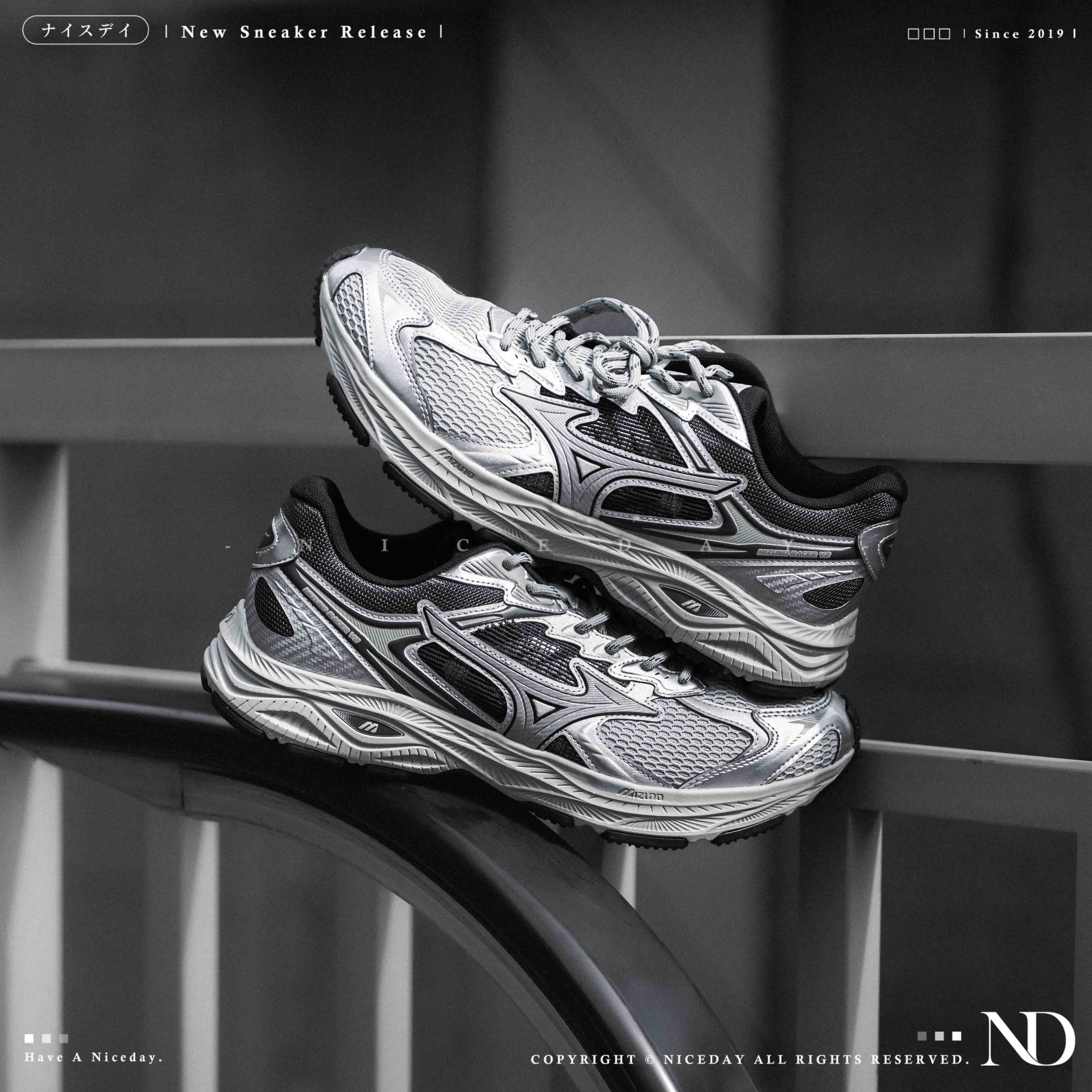 NICEDAY 代購 Mizuno Racer V2 黑銀 銀色 銀 灰 慢跑鞋 復古 穿搭 男女鞋 D1GH250601