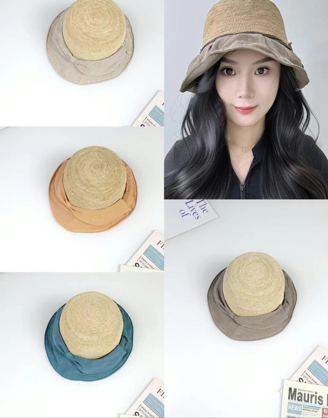 TH4446 草編拼接異材質漁夫帽