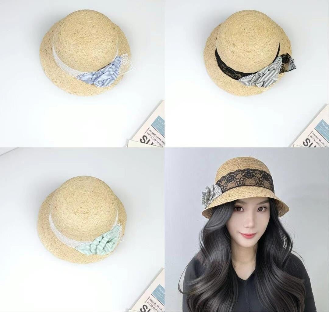TH4448 布製玫瑰花蕾絲草編帽