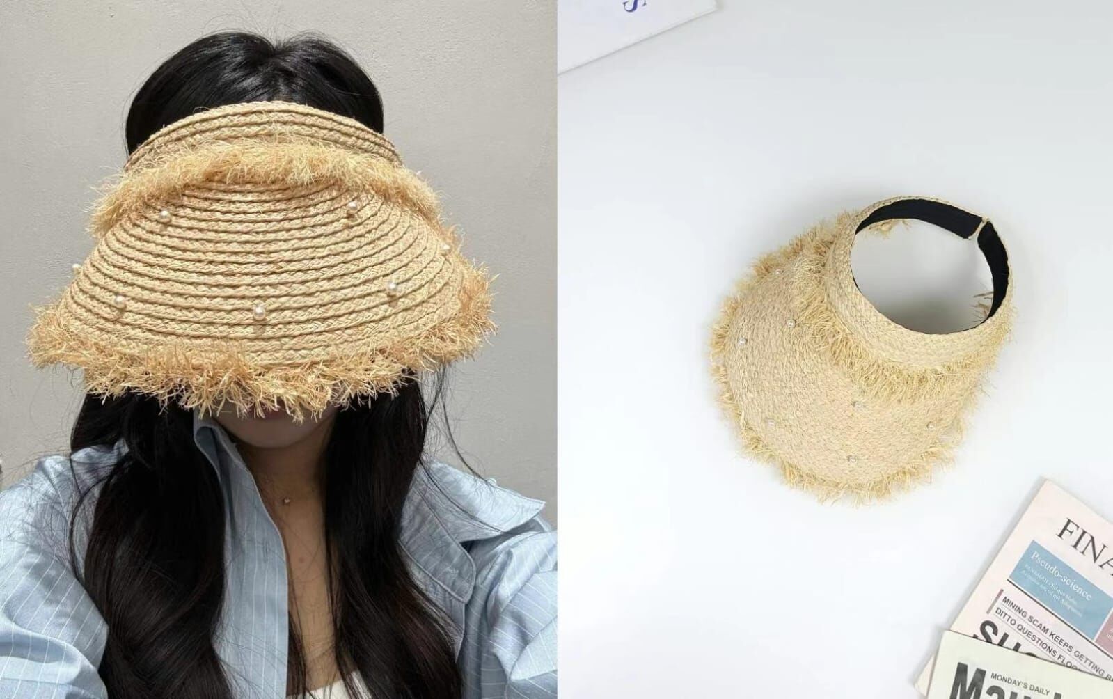 TH4457 草編蘇蘇珍珠遮陽帽