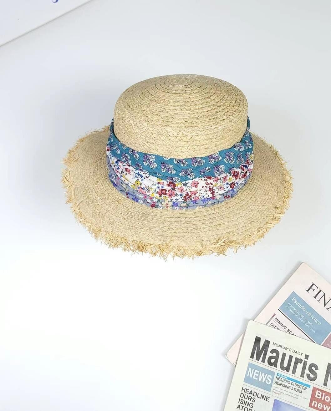 TH4468 花花絲帶流蘇草帽