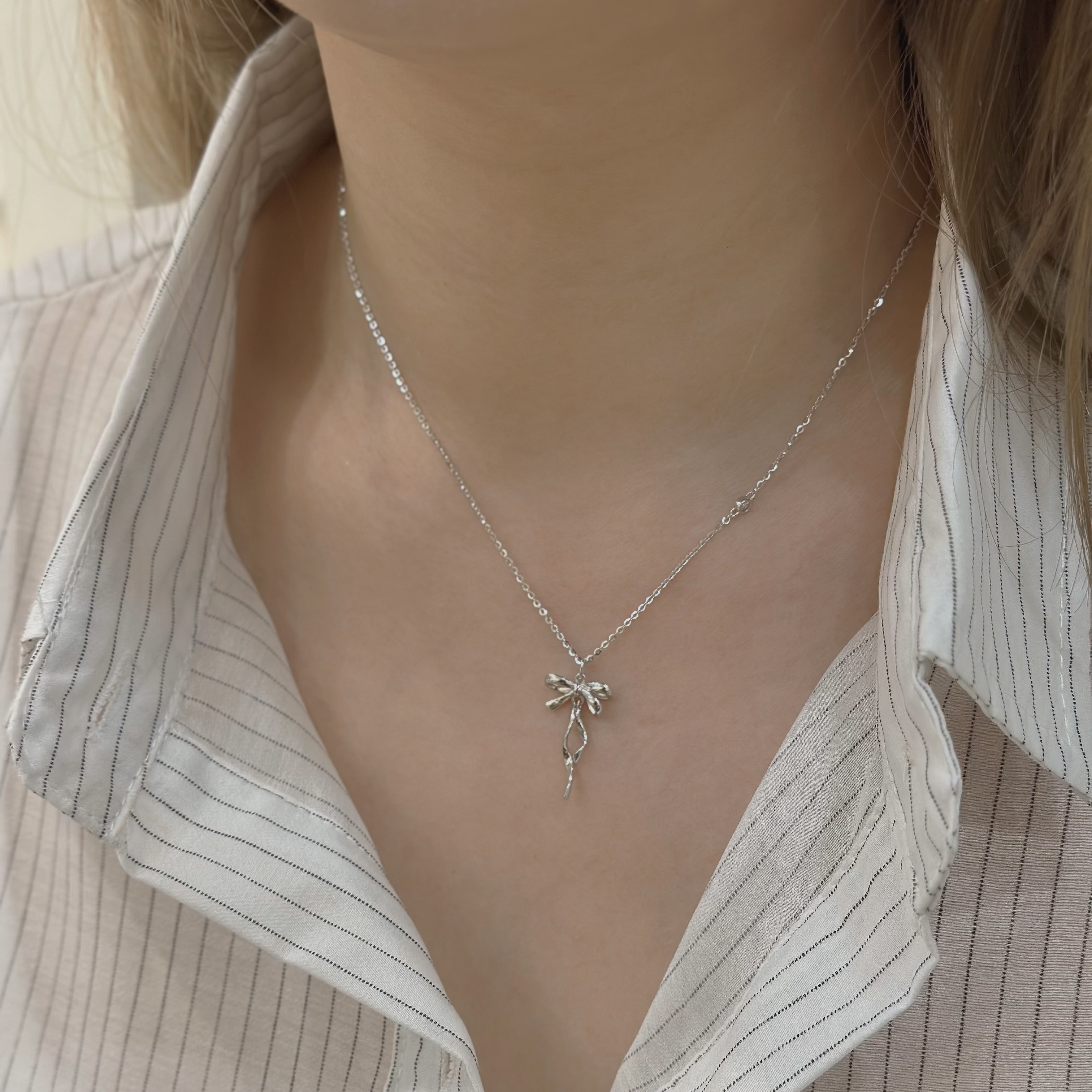 M80【輕奢】緞帶蝴蝶結純銀鎖骨鏈