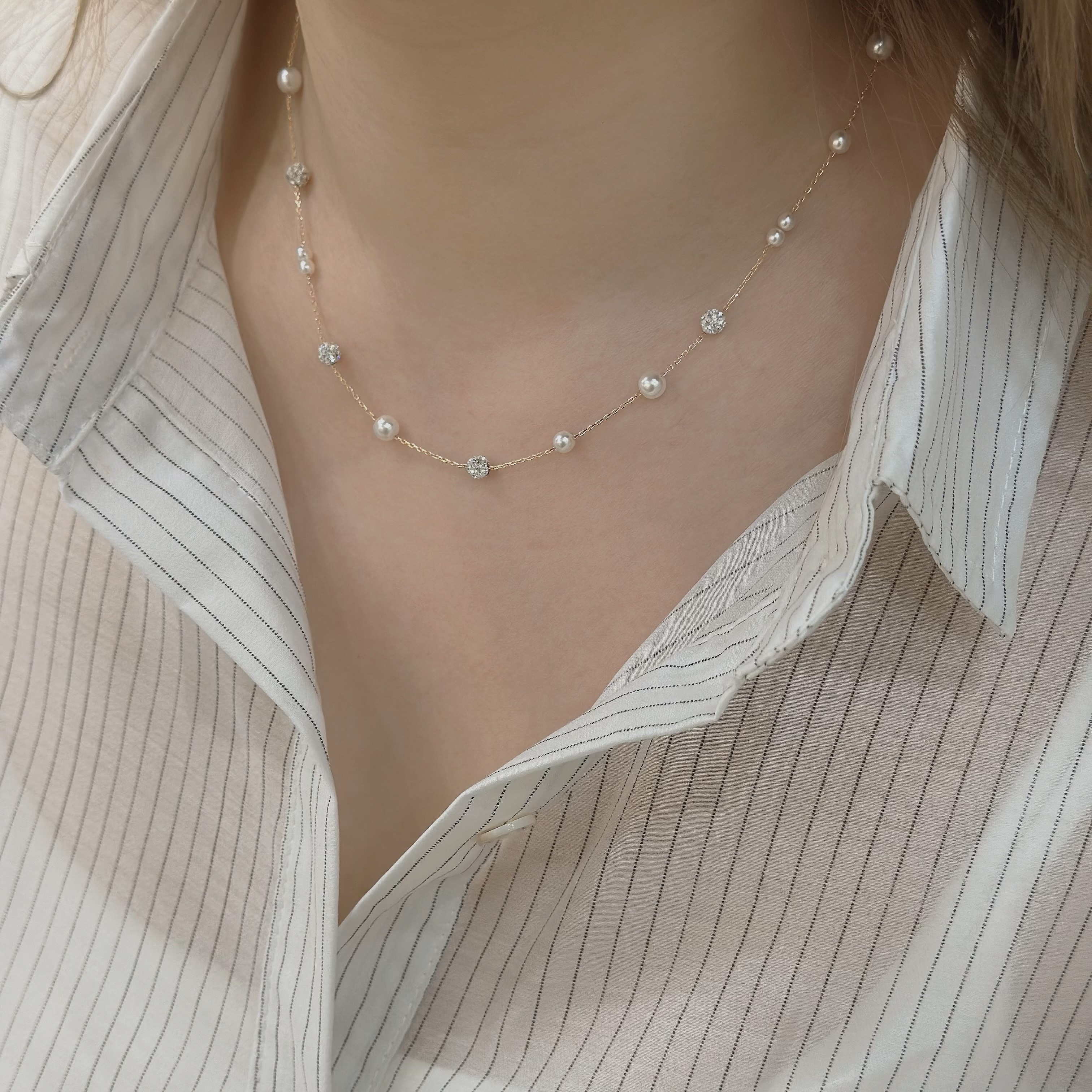 Y23【輕奢】分布式鑽球珍珠純銀鎖骨鏈