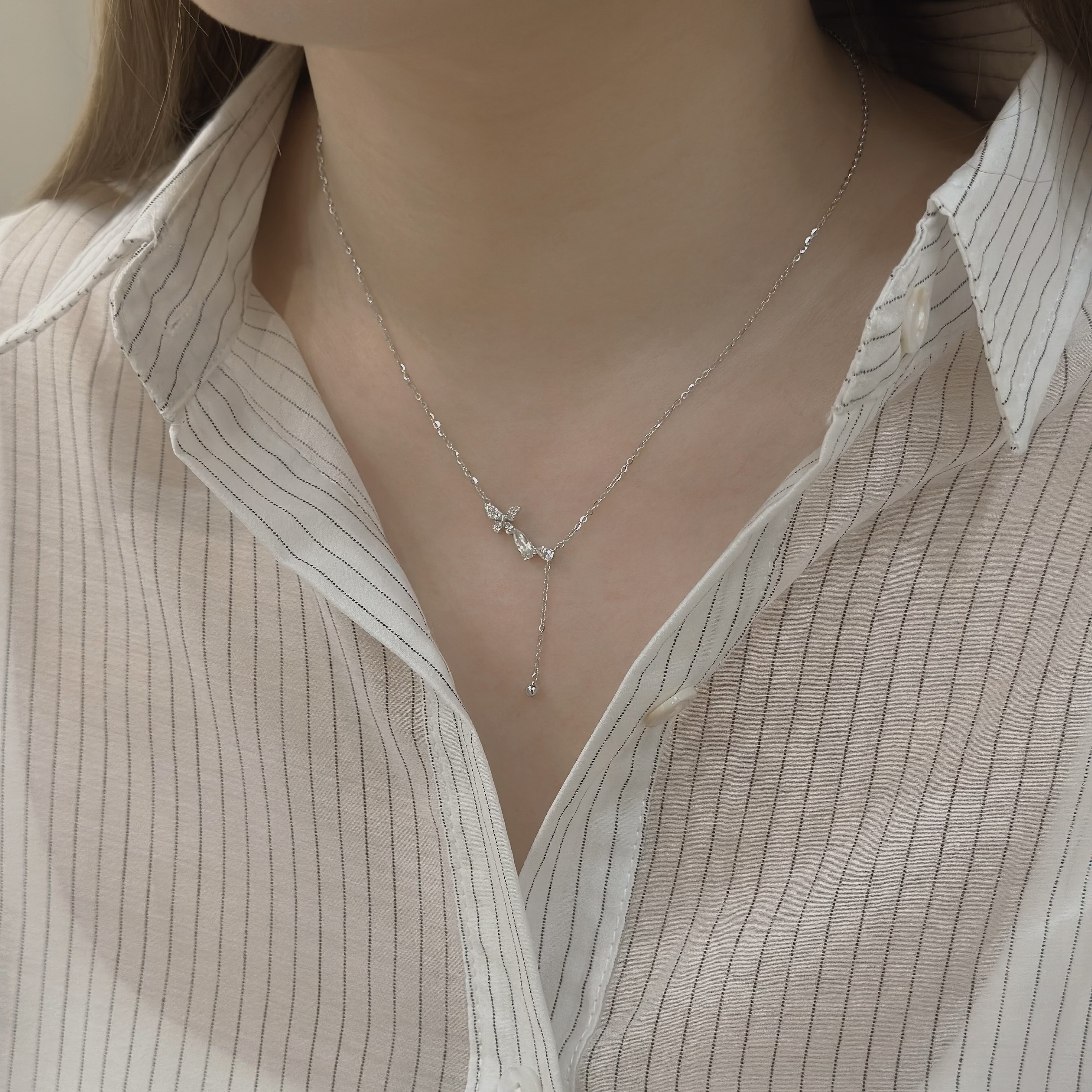 M49【輕奢】排鑽蝴蝶水滴鋯石純銀Y字鏈