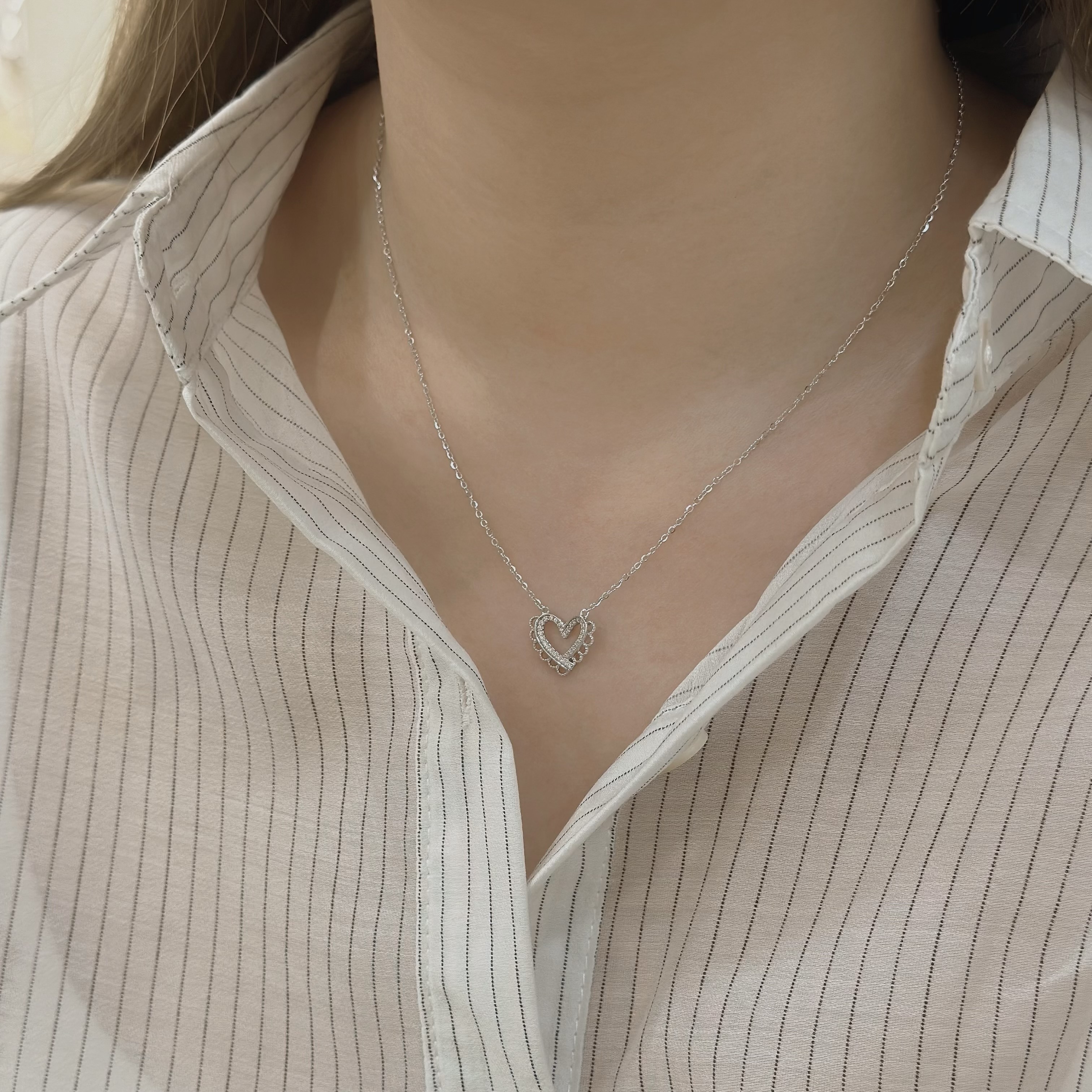 M11【輕奢】排鑽蕾絲愛心純銀鎖骨鏈