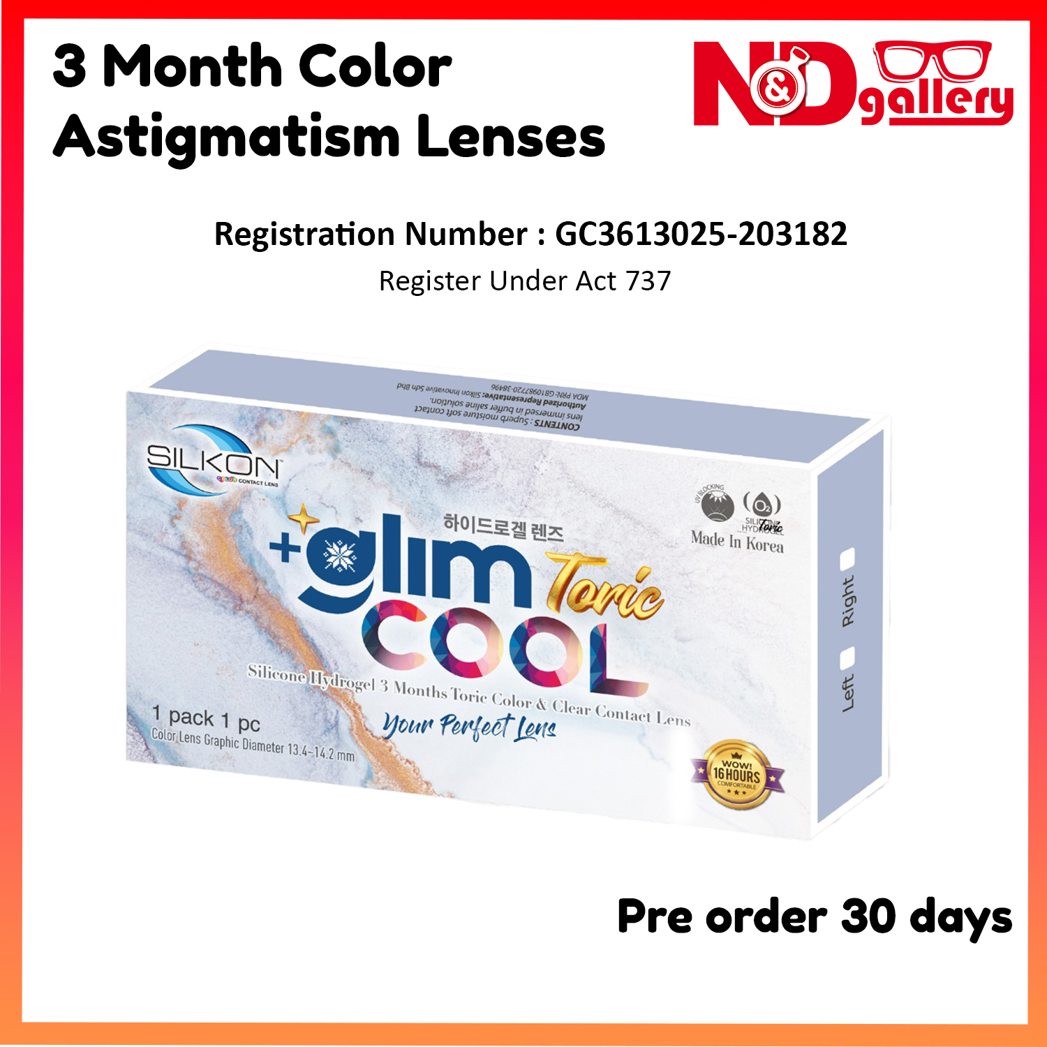 Silkon Glimcool Toric Color Contact lens , 3 Months Disposable (2pcs/Box) Pre order 30days  RX ORDER
