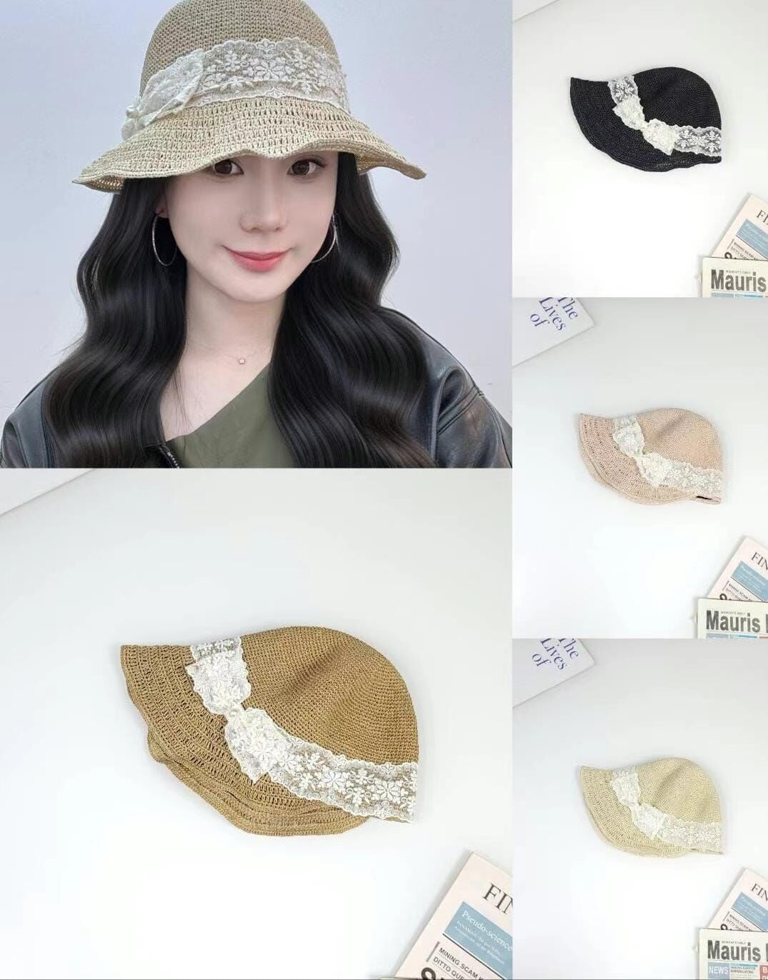 TH4476 蕾絲蝴蝶結草編帽