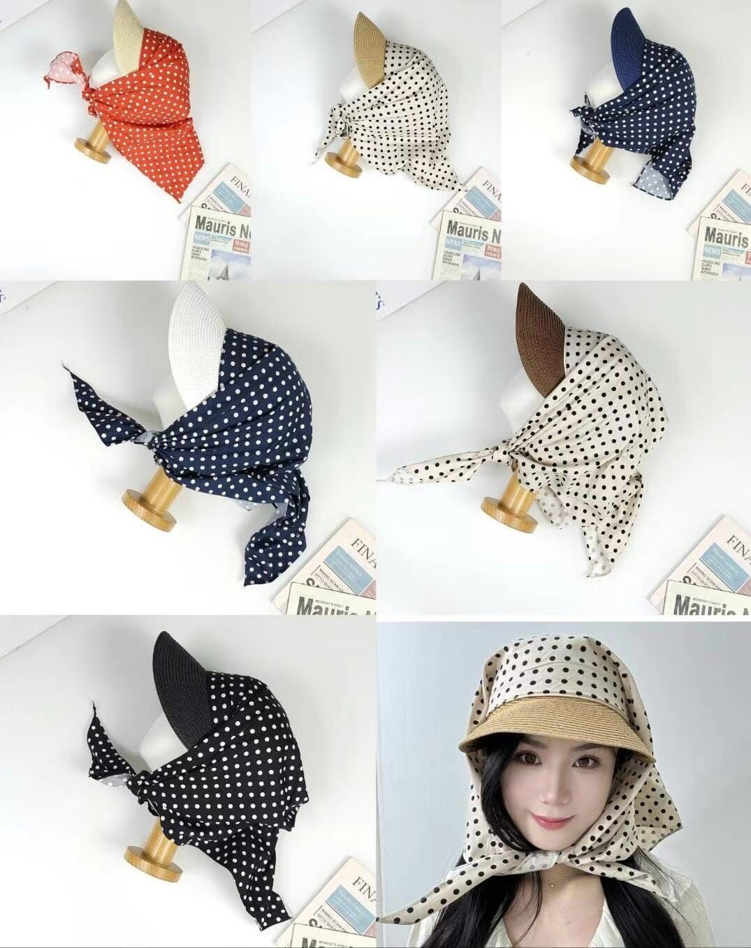 TH4479 波點包巾草帽