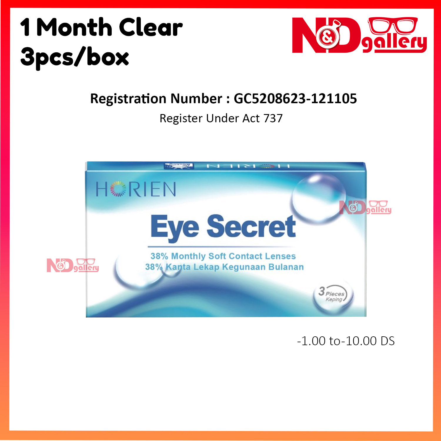 Horien Eye Secret 1 Month Clear 3 pcs/Box -1.00 to -10.00 , Monthly Disposable Clear contact lens Ready stock