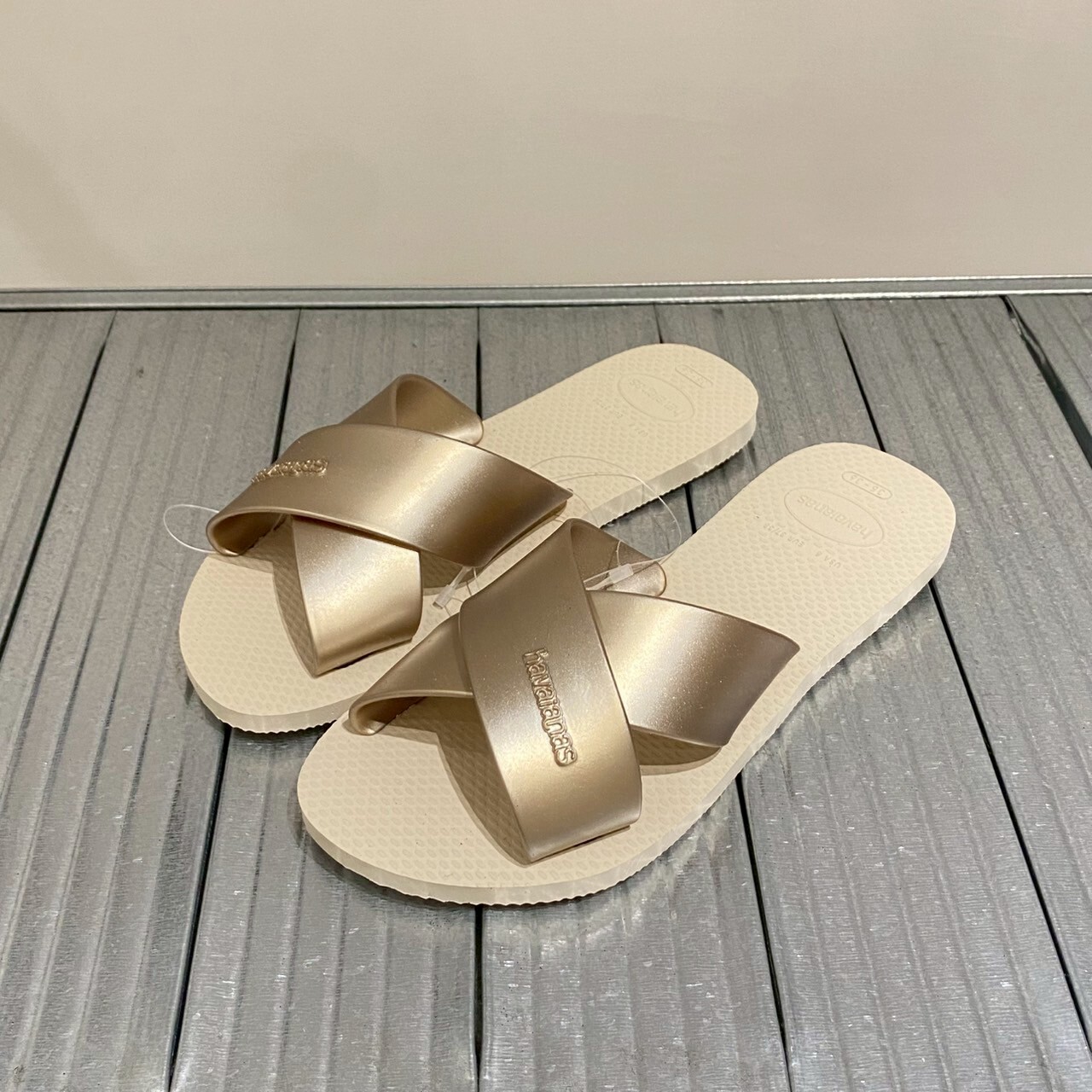 Havaianas哈瓦仕 拖鞋 涼鞋 復古 交叉鞋帶 米白 Aqua Metallic 4148866-0121W