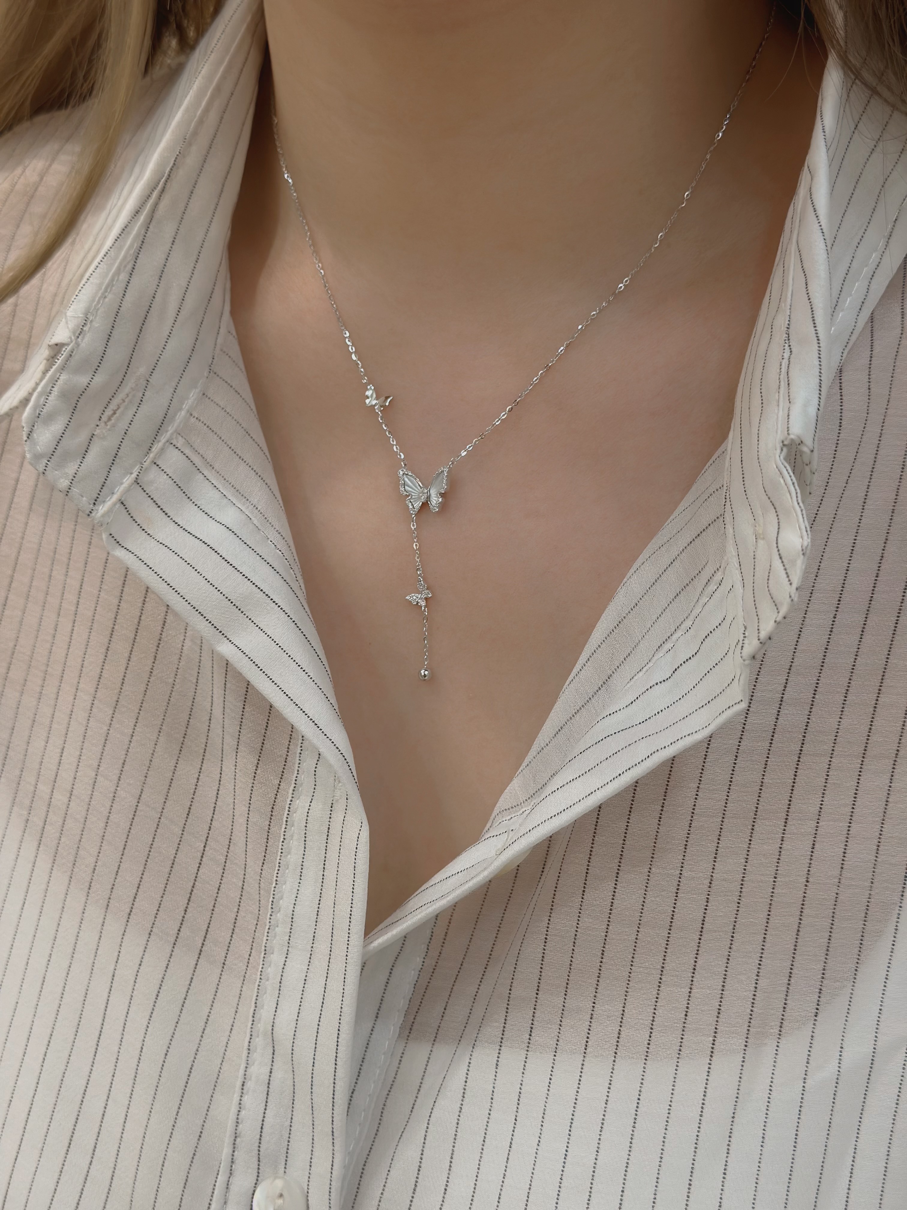 M144【輕奢】排鑽貝殼蝴蝶純銀Y字鎖骨鏈