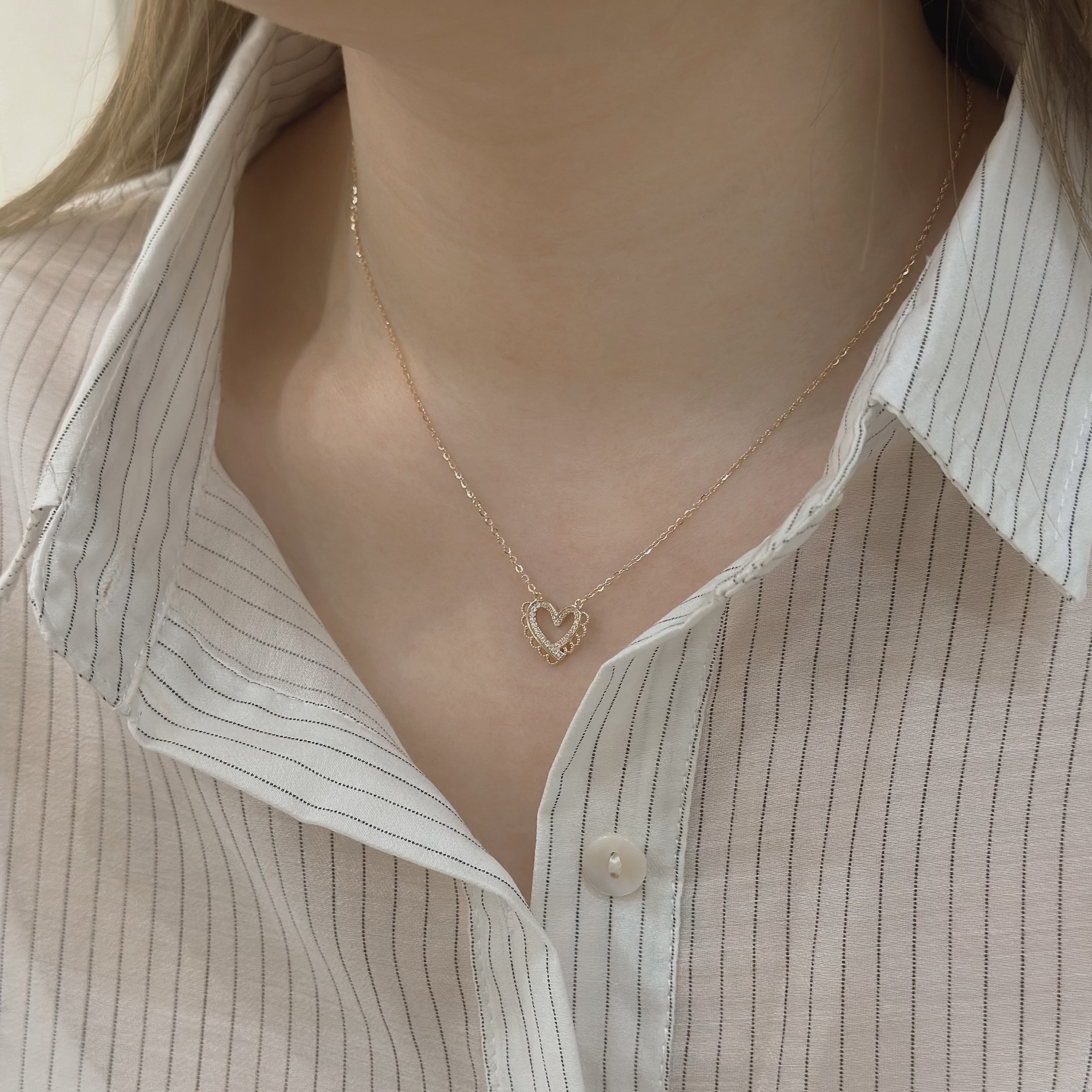 M11【輕奢】排鑽蕾絲愛心純銀鎖骨鏈