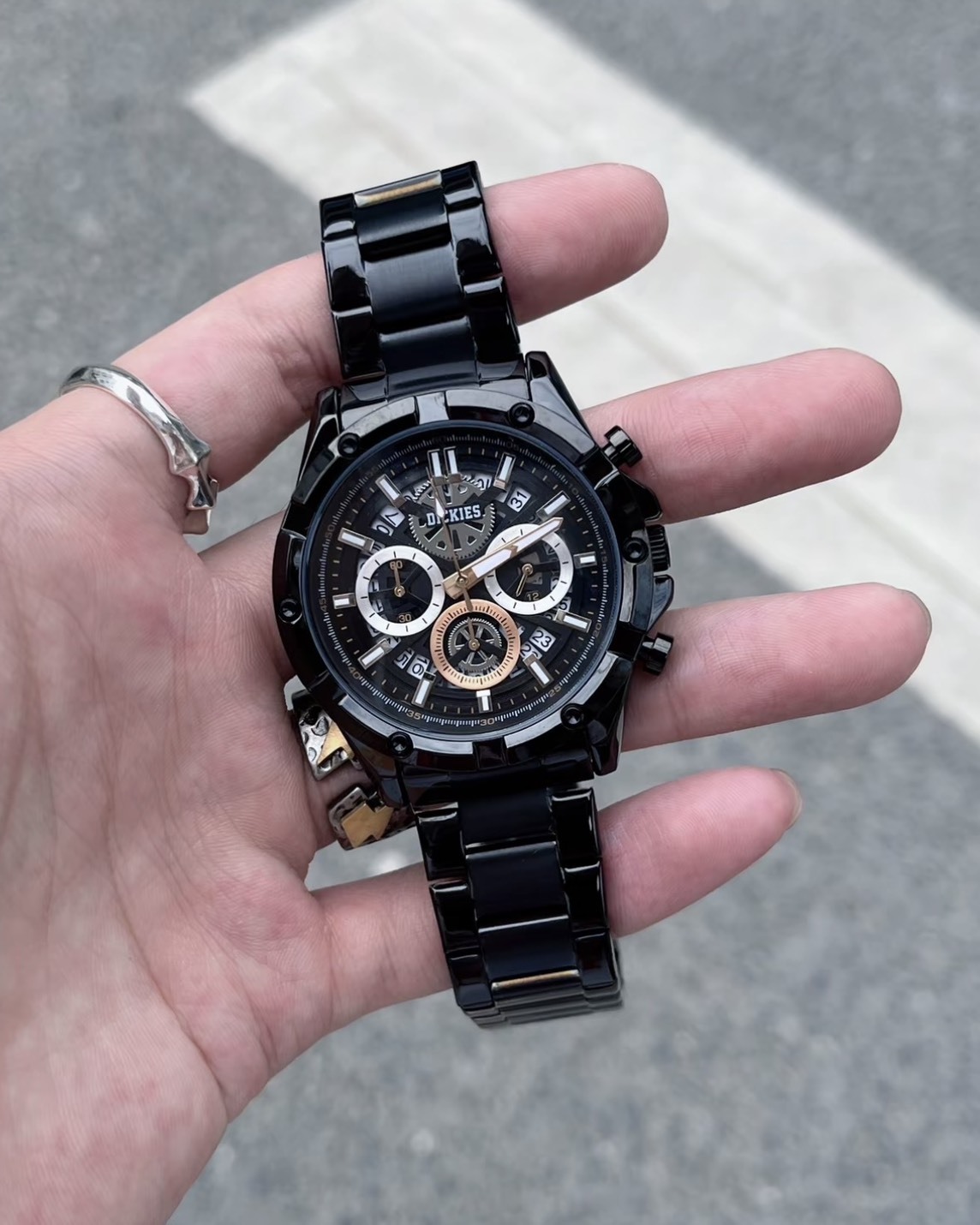 Dickies 銀河系列 石英機芯 三眼 鋼錶帶 手錶 黑金 銀黑