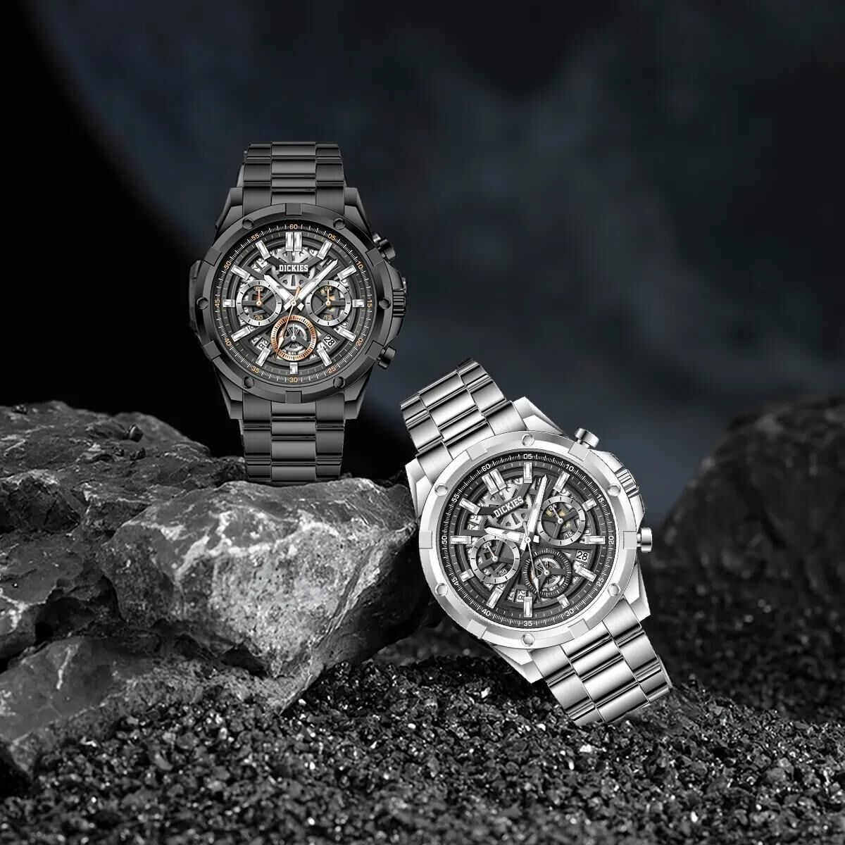 Dickies 銀河系列 石英機芯 三眼 鋼錶帶 手錶 黑金 銀黑