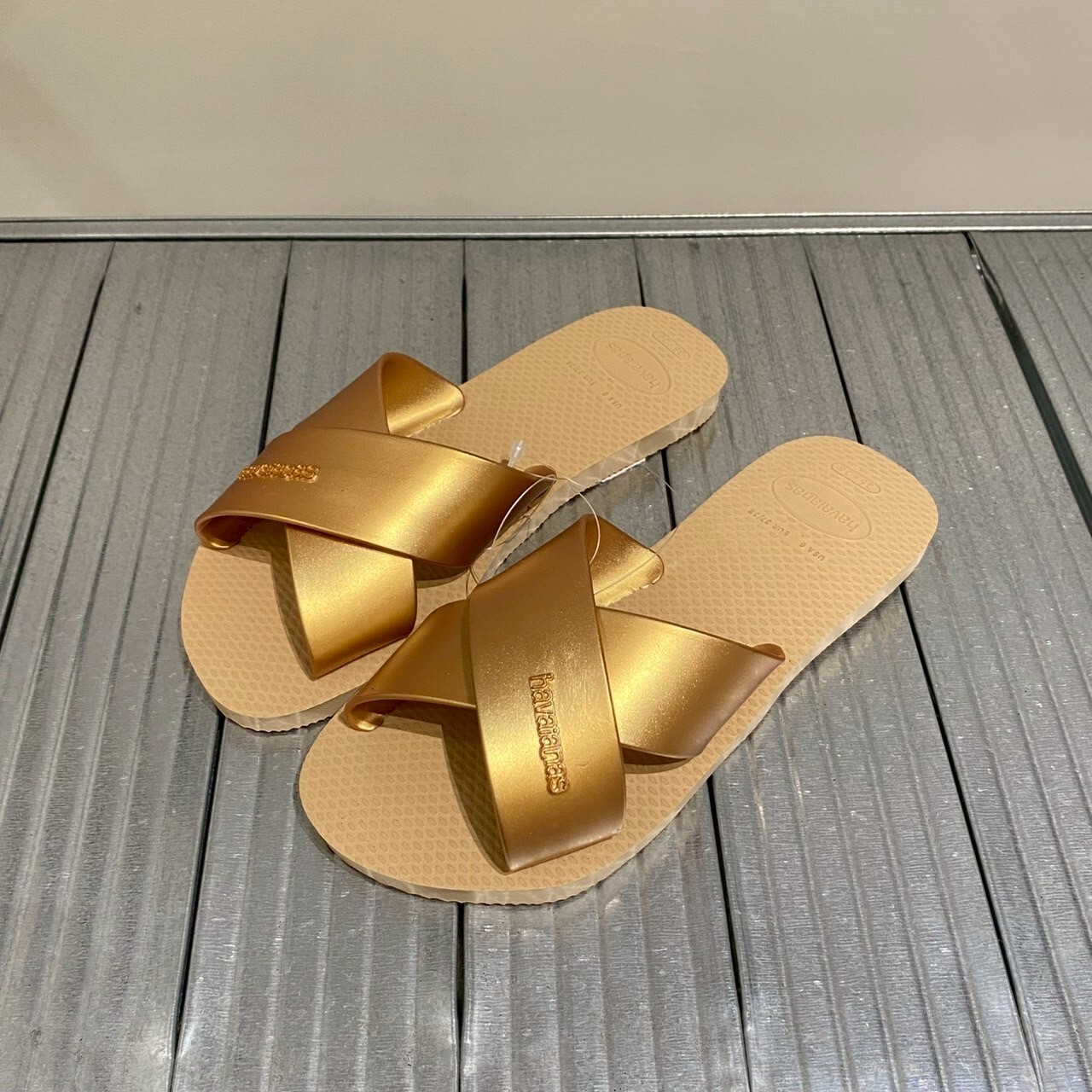 Havaianas 哈瓦仕 拖鞋 涼鞋 復古 交叉鞋帶 金 Aqua Metallic 4148866-0570W