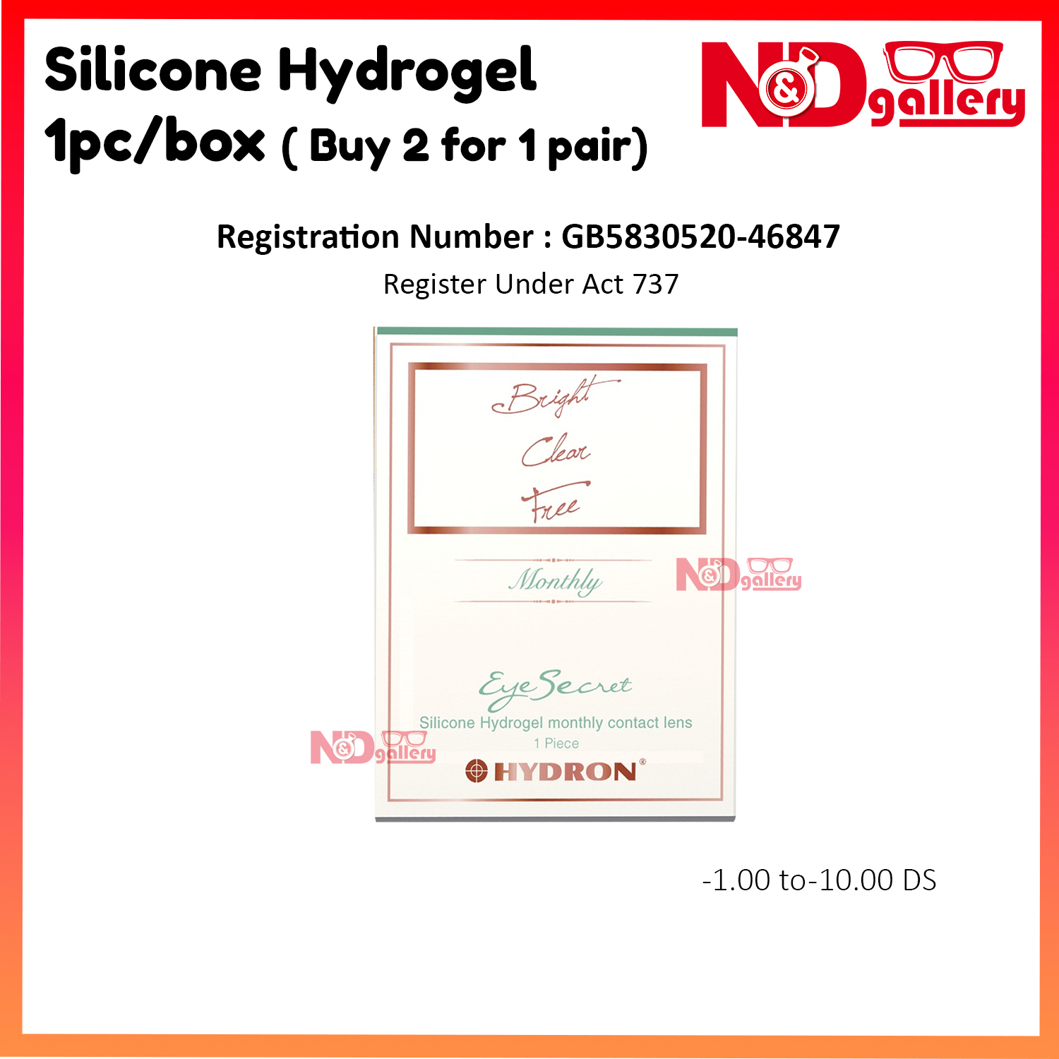 Hydron Eye Secret Silicone Hydrogel 1pc/Box Monthly Disposable , Ready stock