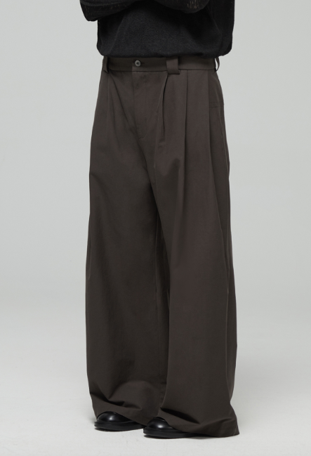 DECESOLO 輪廓多褶慵懶風闊腿長褲 - 黑/咖啡