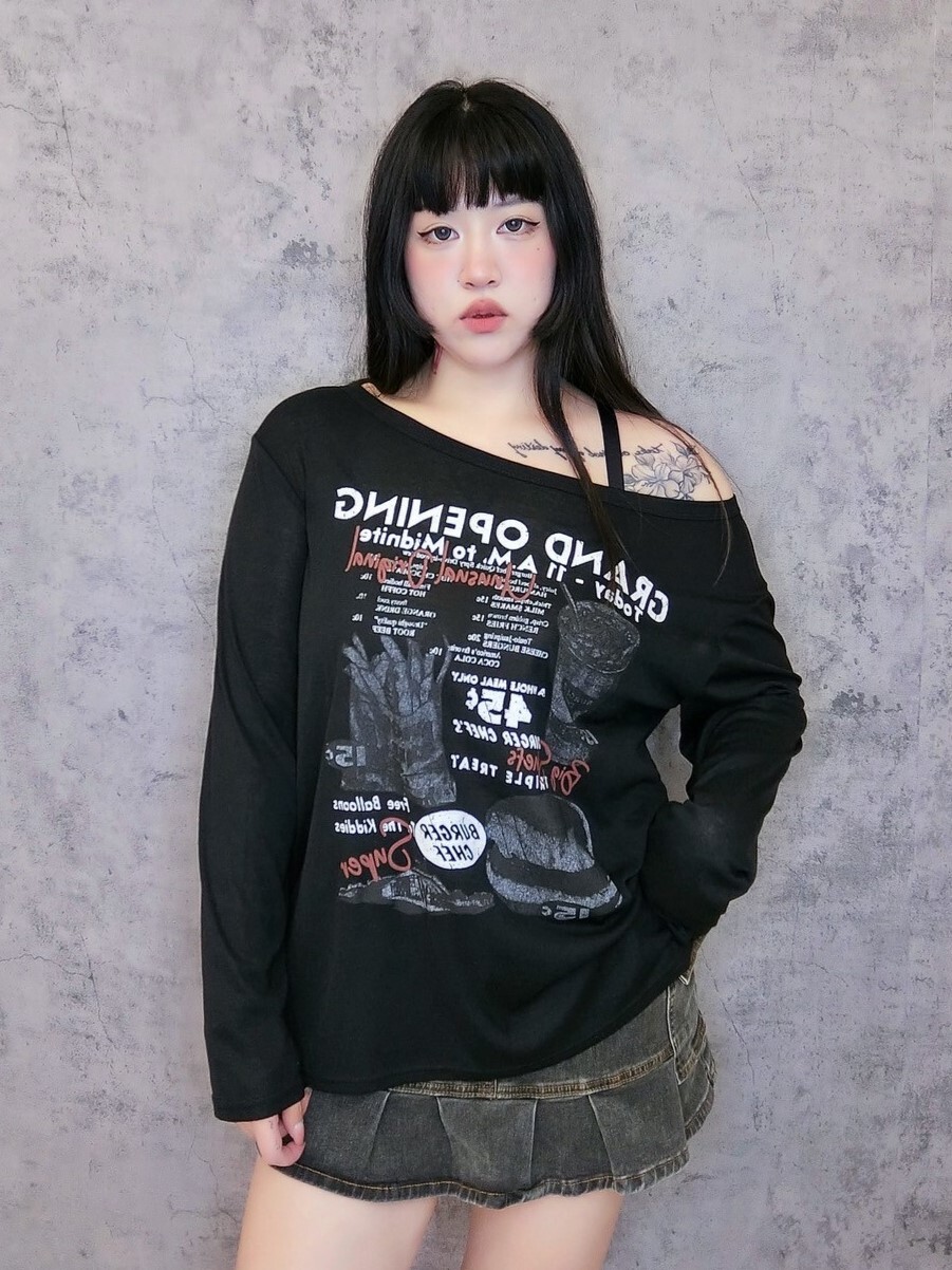 性格速食圖斜肩透膚T